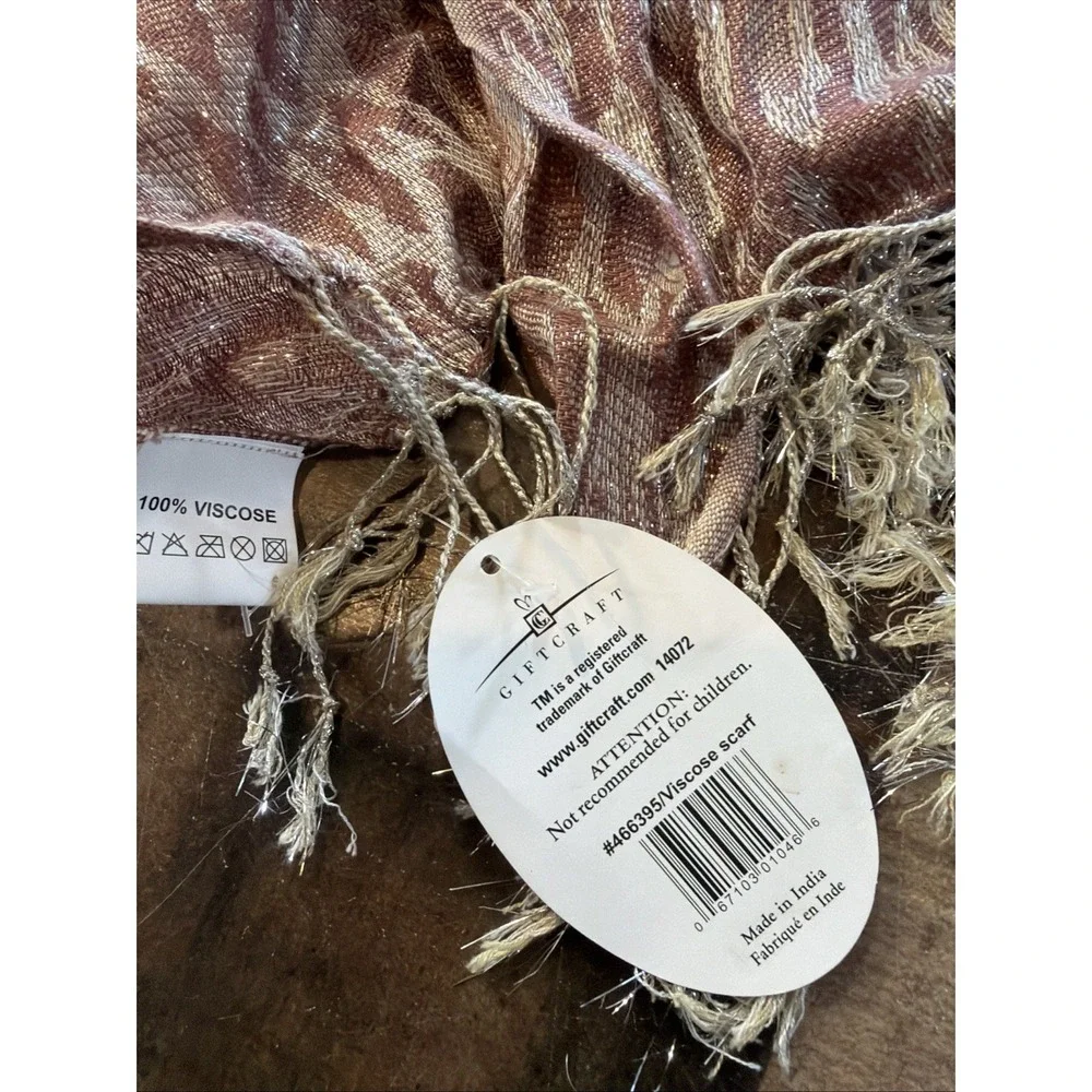 Giftcraft‎ Viscose Scarf Wrap Mauve Pink Silver Shimmer Crinkle Fringe Stole 72